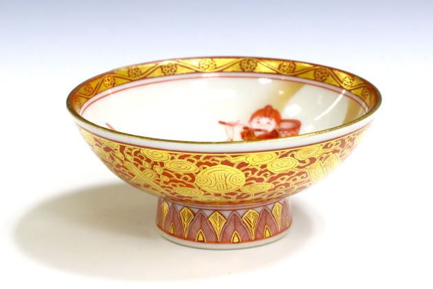 柳瀬美術店 / 福島武山「赤絵牧童之図九谷佐野窯酒盃」共箱[FUKUSHIMA